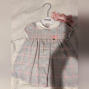 Mayoral newborn smocked grey windowpane dress with matching headband